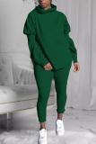 Dark green Fashion Sexy Adult Solid Patchwork Hooded Collar Long Sleeve Lantern Sleeve Regular Two Pieces