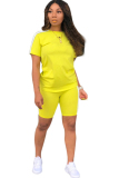 Yellow Fashion Casual adult Ma'am Patchwork Solid Two Piece Suits Straight Short Sleeve Two Pieces