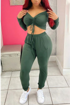 Green Fashion Casual Adult Solid Draw String Bateau Neck Long Sleeve Off The Shoulder Short Two Pieces