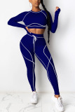 Blue Casual Sportswear Spandex Milk Fiber Patchwork Solid Patchwork Pants O Neck Long Sleeve Regular Sleeve Short Two Pieces