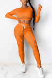 Orange Casual Sportswear Spandex Milk Fiber Patchwork Solid Patchwork Pants O Neck Long Sleeve Regular Sleeve Short Two Pieces
