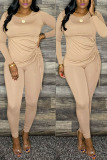 Khaki Fashion Casual Adult Solid Fold O Neck Long Sleeve Regular Sleeve Regular Two Pieces