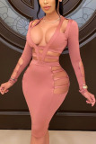 Pink Sexy Solid Hollowed Out Patchwork V Neck Long Sleeve Knee Length Pencil Skirt Dresses