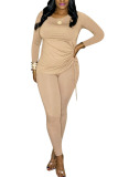 Khaki Fashion Casual Adult Solid Fold O Neck Long Sleeve Regular Sleeve Regular Two Pieces