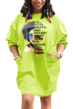 Fluorescent green Fashion Casual Adult Print Letter O Neck Long Sleeve Knee Length Printed Dress Dresses
