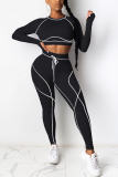 Blue Casual Sportswear Spandex Milk Fiber Patchwork Solid Patchwork Pants O Neck Long Sleeve Regular Sleeve Short Two Pieces