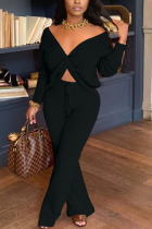 Black Fashion Sexy Adult Solid Patchwork V Neck Long Sleeve Off The Shoulder Longer In The Rear Two Pieces