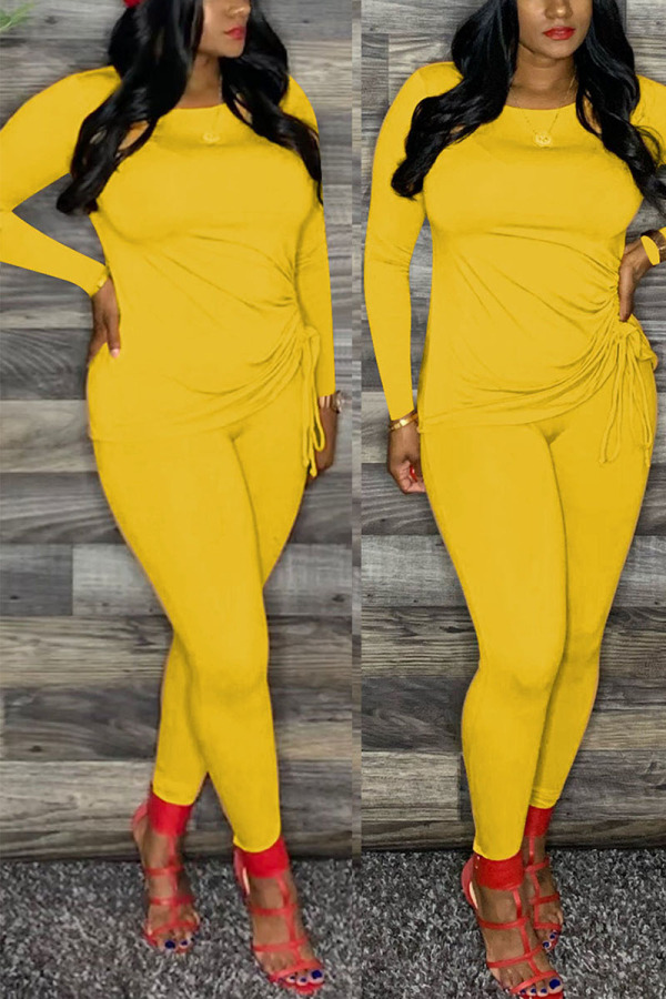Yellow Fashion Casual Adult Solid Fold O Neck Long Sleeve Regular Sleeve Regular Two Pieces