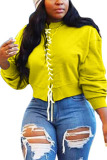Yellow Fashion Casual Adult Solid Frenulum O Neck Tops