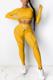 Yellow Casual Sportswear Spandex Milk Fiber Patchwork Solid Patchwork Pants O Neck Long Sleeve Regular Sleeve Short Two Pieces