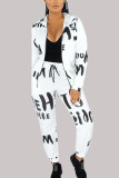 White Fashion Casual Adult Print Letter Hooded Collar Long Sleeve Regular Sleeve Regular Two Pieces