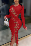 Wine Red Fashion Sexy Adult Solid Bandage O Neck Long Sleeve Ankle Length Long Sleeve Dress Dresses