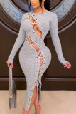 Khaki Fashion Sexy Adult Solid Bandage O Neck Long Sleeve Ankle Length Long Sleeve Dress Dresses