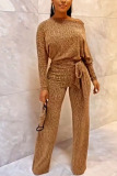 Yellow Elegant Lace Acetate Fiber Solid Pullovers Pants With Belt Bateau Neck Long Sleeve Regular Sleeve Regular Two Pieces