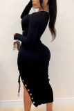 Black Fashion Sexy Adult Solid Bandage O Neck Long Sleeve Ankle Length Long Sleeve Dress Dresses