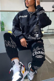Black Fashion Casual Street Sportswear Letter Patchwork Print Split Joint Letter Pullovers O Neck Long Sleeve Two Pieces