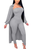 Grey Fashion Sexy Adult Solid Patchwork Turndown Collar Long Sleeve Regular Sleeve Long Two Pieces