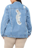 Baby Blue Fashion Sexy Adult Solid Ripped Turndown Collar Long Sleeve Loose Denim