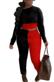 Black and red Fashion Casual Adult Patchwork Solid Patchwork O Neck Long Sleeve Regular Sleeve Short Two Pieces