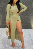 Light Green Sexy Casual Spandex Twilled Satin Pit Article Fabrics Patchwork Solid Patchwork Buckle Basic O Neck Long Sleeve Ankle Length Pencil Skirt Dresses