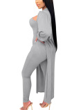 Grey Fashion Sexy Adult Solid Patchwork Turndown Collar Long Sleeve Regular Sleeve Long Two Pieces