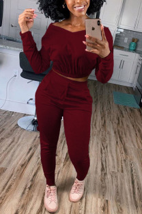 Wine Red Casual Street Sportswear Living Polyester Cotton Blends Patchwork Solid Split Joint Pocket Pullovers Pants V Neck Long Sleeve Regular Sleeve Short Two Pieces