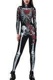 Red Fashion Party Adult Print Patchwork O Neck Skinny Jumpsuits