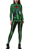 Green Fashion Party Adult Print Split Joint O Neck Skinny Jumpsuits