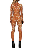 Yellow Fashion Party Adult Print Split Joint O Neck Skinny Jumpsuits