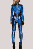 Blue Fashion Party Adult Print Split Joint O Neck Skinny Jumpsuits