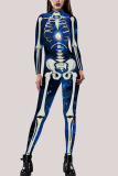 Blue Fashion Party Adult Print Split Joint O Neck Skinny Jumpsuits