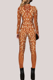 Yellow Fashion Party Adult Print Split Joint O Neck Skinny Jumpsuits