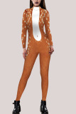 Brown Fashion Party Adult Print Split Joint O Neck Skinny Jumpsuits