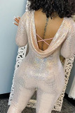 Apricot Sexy Solid Sequins Backless O Neck Skinny Jumpsuits