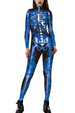 Dark Blue Fashion Party Adult Print Split Joint O Neck Skinny Jumpsuits