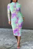 fuchsia Sexy Daily Polyester Patchwork Print Split Joint Tie-dye Half A Turtleneck Long Sleeve Mid Calf A Line Dresses