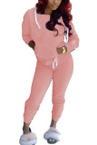 Pink Fashion Casual Adult Twilled Satin Solid Split Joint Hooded Collar Long Sleeve Regular Sleeve Regular Two Pieces