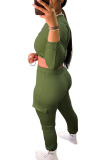 Green Fashion Casual Adult Solid Split Joint Pocket O Neck Long Sleeve Regular Sleeve Short Two Pieces