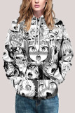 Black Fashion Street Adult Print Patchwork Draw String Pullovers Hooded Collar Outerwear