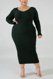 Green Casual Daily Knitting Pit Article Fabrics Solid Bateau Neck A Line Plus Size 