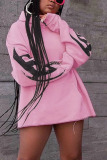 Pink Sportswear Print Hooded Collar Long Sleeve Mini Dresses
