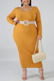 Yellow Casual Daily Knitting Pit Article Fabrics Solid Bateau Neck A Line Plus Size 