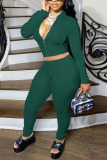 Green Casual Sportswear Fiber Solid Cardigan Pants Zipper Collar Long Sleeve Regular Sleeve Short Two Pieces