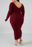 Wine Red Casual Daily Knitting Pit Article Fabrics Solid Bateau Neck A Line Plus Size 