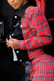 Red Fashion Casual Adult Plaid Patchwork Split Joint Turndown Collar Outerwear