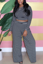 Black Casual Polyester Cotton Blends Striped Print Pullovers Pants O Neck Long Sleeve Regular Sleeve Short Two Pieces