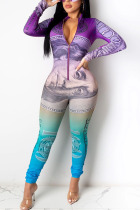 purple Fashion Casual Adult Polyester Print Split Joint O Neck Skinny Jumpsuits