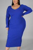 Blue Casual Daily Knitting Pit Article Fabrics Solid Bateau Neck A Line Plus Size 