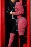Red Fashion Casual Adult Plaid Patchwork Split Joint Turndown Collar Outerwear