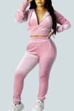 Pink Sexy Gradual Change Solid Patchwork Hooded Collar Long Sleeve Regular Sleeve Short Two Pieces